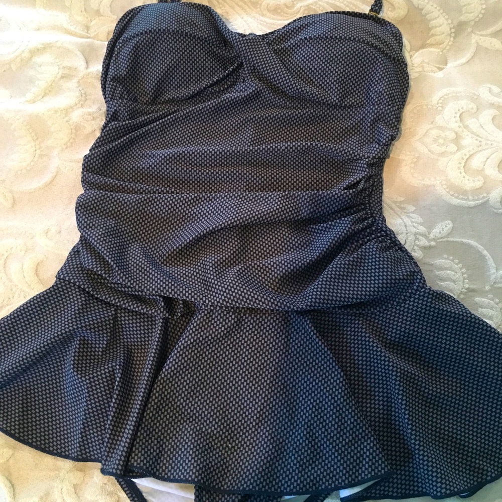 1 piece skirted swimsuit navy and gray checked